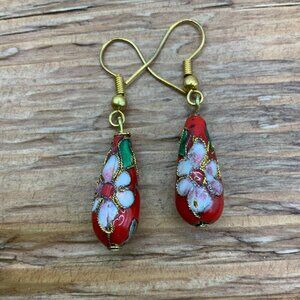 Cloisonne Vintage Red Teardrop Gold Tone Floral Dangling Earrings